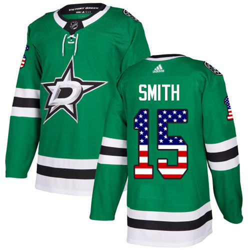 Adidas Stars #15 Bobby Smith Green Home Authentic USA Flag Stitched NHL Jersey - Click Image to Close
